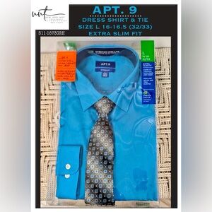 NIB $50 APT. 9 Blue Jewel Dress Shirt & Tie Set L 16-16.5 Extra Slim Fit 32/33